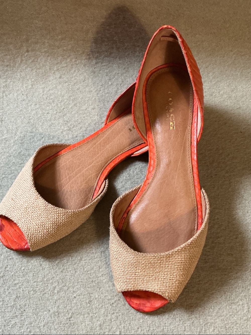 Coach Beige Woven Peep-Toe Flats with Coral Trim